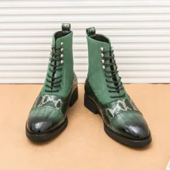Hot OUKU Men's Luxury Green Ankle Boots | Snake Pattern Faux Leather with Crocodile-Embossed Toe and Lace-Up Design