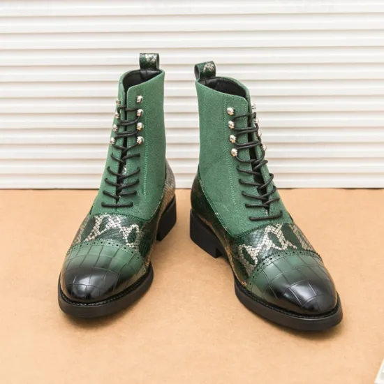Hot OUKU Men's Luxury Green Ankle Boots | Snake Pattern Faux Leather with Crocodile-Embossed Toe and Lace-Up Design
