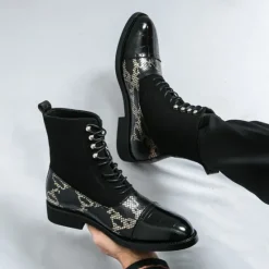 Hot OUKU Men's Luxury Green Ankle Boots | Snake Pattern Faux Leather with Crocodile-Embossed Toe and Lace-Up Design