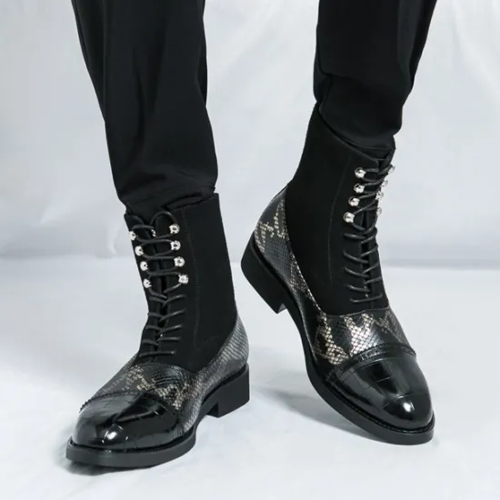 Hot OUKU Men's Luxury Green Ankle Boots | Snake Pattern Faux Leather with Crocodile-Embossed Toe and Lace-Up Design