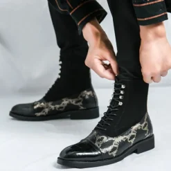 Hot OUKU Men's Luxury Green Ankle Boots | Snake Pattern Faux Leather with Crocodile-Embossed Toe and Lace-Up Design