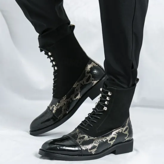 Hot OUKU Men's Luxury Green Ankle Boots | Snake Pattern Faux Leather with Crocodile-Embossed Toe and Lace-Up Design