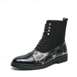 Hot OUKU Men's Luxury Green Ankle Boots | Snake Pattern Faux Leather with Crocodile-Embossed Toe and Lace-Up Design