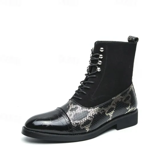 Hot OUKU Men's Luxury Green Ankle Boots | Snake Pattern Faux Leather with Crocodile-Embossed Toe and Lace-Up Design