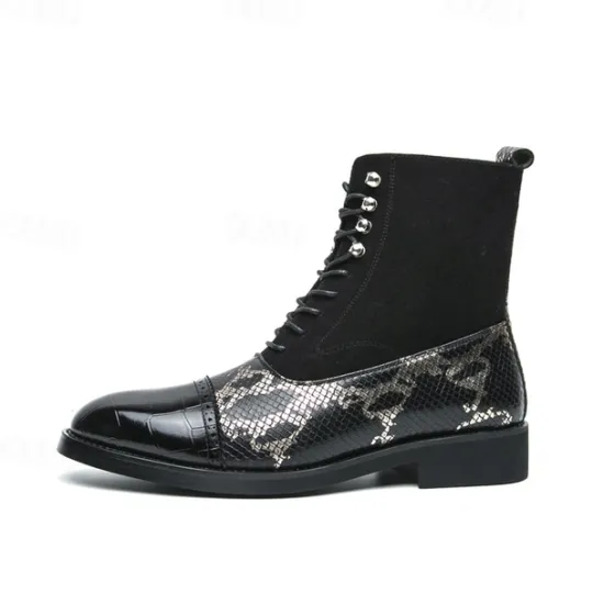Hot OUKU Men's Luxury Green Ankle Boots | Snake Pattern Faux Leather with Crocodile-Embossed Toe and Lace-Up Design