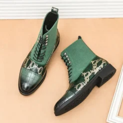Hot OUKU Men's Luxury Green Ankle Boots | Snake Pattern Faux Leather with Crocodile-Embossed Toe and Lace-Up Design