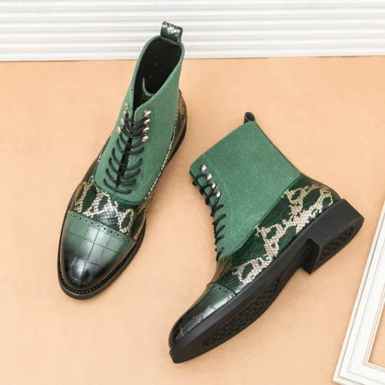 Hot OUKU Men's Luxury Green Ankle Boots | Snake Pattern Faux Leather with Crocodile-Embossed Toe and Lace-Up Design