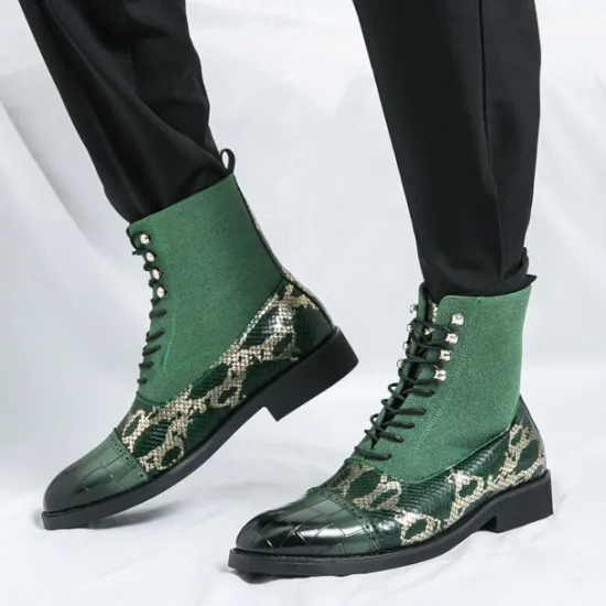 Hot OUKU Men's Luxury Green Ankle Boots | Snake Pattern Faux Leather with Crocodile-Embossed Toe and Lace-Up Design