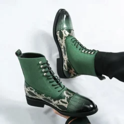Hot OUKU Men's Luxury Green Ankle Boots | Snake Pattern Faux Leather with Crocodile-Embossed Toe and Lace-Up Design