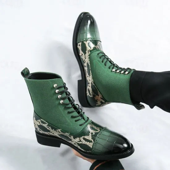 Hot OUKU Men's Luxury Green Ankle Boots | Snake Pattern Faux Leather with Crocodile-Embossed Toe and Lace-Up Design