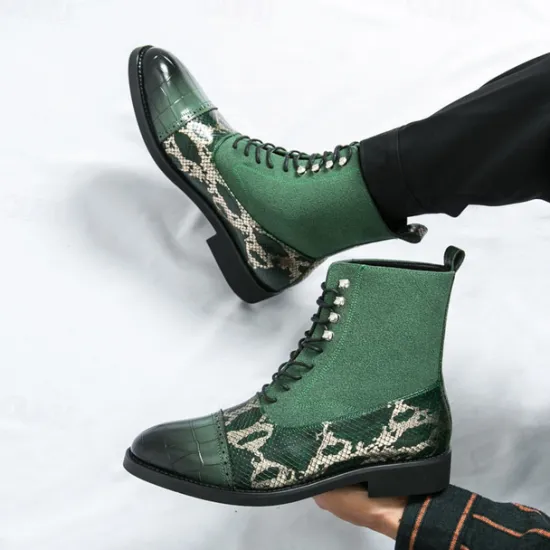 Hot OUKU Men's Luxury Green Ankle Boots | Snake Pattern Faux Leather with Crocodile-Embossed Toe and Lace-Up Design