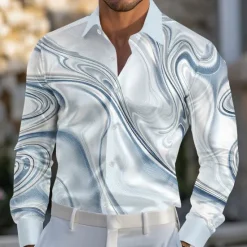 Hot OUKU Men's Marble Abstract Liquid Art Shirt Satin Shirt Dress Shirt Long Sleeve Fashion Casual Vacation Dailywear Summer Spring Fall Turndown 3D Print Button Up Shirts Purple Khaki Light Blue