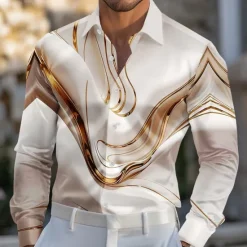 New OUKU Men's Marble Abstract Liquid Art Satin Shirt Dress Shirt Long Sleeve Fashion Casual Vacation Dailywear Summer Spring Fall Turndown 3D Print Button Up Shirts Blue Purple Gold Green