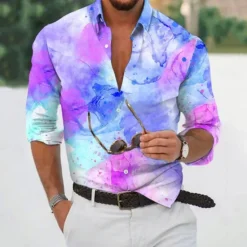 OUKU Men's Marble Gradient Color Shirt Button Up Shirt Casual Dress Shirt Long Sleeve Fashion Casual Vacation Daily Streetwear Summer Spring Turndown 3D Print Collared Shirts Blue Purple Green