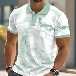 Outlet OUKU Men's Marble Polo Short Sleeve Polo Shirts Collared Shirts Business Casual Outdoor Athleisure Daily Wear 3D Print Buttons Summer Light Pink Light Green Light Brown