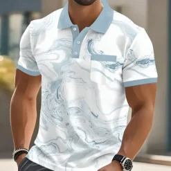 Outlet OUKU Men's Marble Polo Short Sleeve Polo Shirts Collared Shirts Business Casual Outdoor Athleisure Daily Wear 3D Print Buttons Summer Light Pink Light Green Light Brown