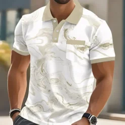 Outlet OUKU Men's Marble Polo Short Sleeve Polo Shirts Collared Shirts Business Casual Outdoor Athleisure Daily Wear 3D Print Buttons Summer Light Pink Light Green Light Brown
