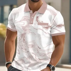 Outlet OUKU Men's Marble Polo Short Sleeve Polo Shirts Collared Shirts Business Casual Outdoor Athleisure Daily Wear 3D Print Buttons Summer Light Pink Light Green Light Brown