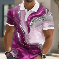 OUKU Men's Marble Polo Short Sleeve Polo Shirts Collared Shirts Casual Athleisure Buttons Summer Yellow Blue Purple