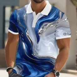 OUKU Men's Marble Polo Short Sleeve Polo Shirts Collared Shirts Casual Athleisure Buttons Summer Yellow Blue Purple