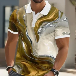 OUKU Men's Marble Polo Short Sleeve Polo Shirts Collared Shirts Casual Athleisure Buttons Summer Yellow Blue Purple