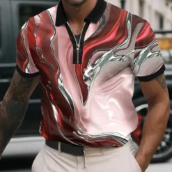 Hot OUKU Men's Marble Zip Polo Shirts Short Sleeve Polo Shirts Collared Shirts Casual Athleisure Daily Wear 3D Print Summer Red Blue Green