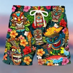 Online OUKU Men's Mask Flower / Plants Swimming Trunks Board Shorts Swim Shorts Mid Waist Hawaiian Ethnic Boho Casual Daily Holiday Drawstring with Mesh lining Elastic Waist Designer Clothing Apparel