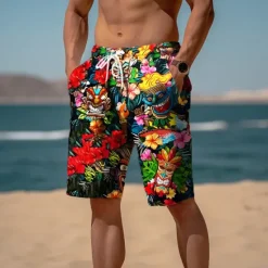 Hot OUKU Men's Mask Indian Culture Flower / Floral Sweat Shorts Beach Shorts Terry Shorts Mid Waist Hawaiian Ethnic Daily Holiday Streetwear Drawstring Elastic Waist 3D Print Designer Clothing Apparel