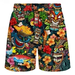 Best OUKU Men's Mask Indian Culture Flower / Plants Swim Trunks Swim Shorts Board Shorts Mid Waist Fashion Streetwear Designer Casual Daily Holiday Pocket Drawstring Elastic Waist Designer Clothing Apparel Yellow blue