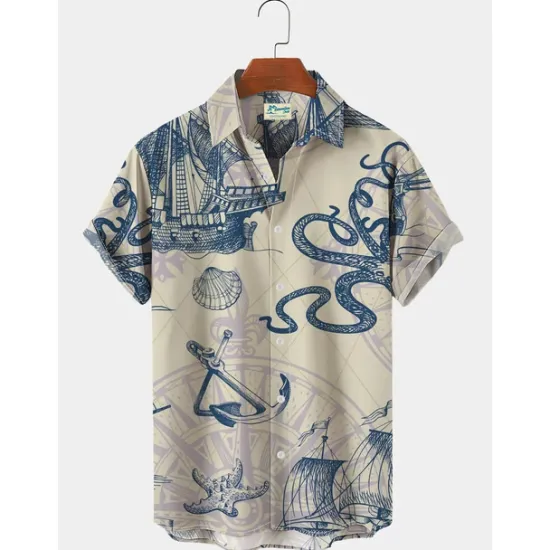 Sale OUKU Men's Mermaid Anchor Shirt Button Up Shirt Short Sleeve Vintage Fashion Designer Outdoor Daily Holiday Summer Spring Turndown Print Button-Down White Blue Sky Blue Green Khaki