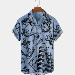 Sale OUKU Men's Mermaid Anchor Shirt Button Up Shirt Short Sleeve Vintage Fashion Designer Outdoor Daily Holiday Summer Spring Turndown Print Button-Down White Blue Sky Blue Green Khaki