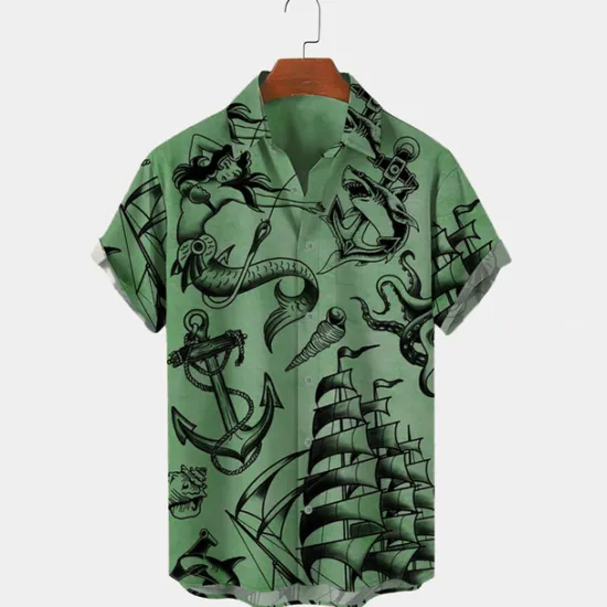 Sale OUKU Men's Mermaid Anchor Shirt Button Up Shirt Short Sleeve Vintage Fashion Designer Outdoor Daily Holiday Summer Spring Turndown Print Button-Down White Blue Sky Blue Green Khaki