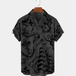 Sale OUKU Men's Mermaid Anchor Shirt Button Up Shirt Short Sleeve Vintage Fashion Designer Outdoor Daily Holiday Summer Spring Turndown Print Button-Down White Blue Sky Blue Green Khaki