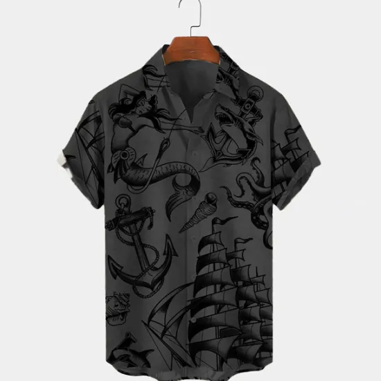 Sale OUKU Men's Mermaid Anchor Shirt Button Up Shirt Short Sleeve Vintage Fashion Designer Outdoor Daily Holiday Summer Spring Turndown Print Button-Down White Blue Sky Blue Green Khaki