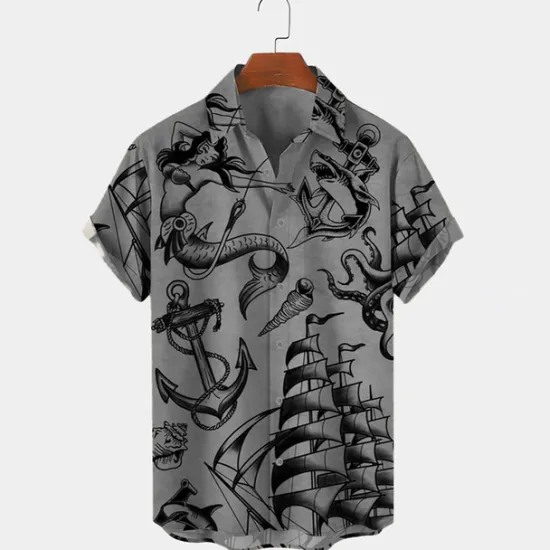 Sale OUKU Men's Mermaid Anchor Shirt Button Up Shirt Short Sleeve Vintage Fashion Designer Outdoor Daily Holiday Summer Spring Turndown Print Button-Down White Blue Sky Blue Green Khaki