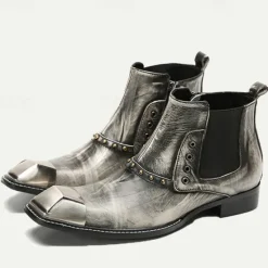 Best OUKU Men's Metallic Silver Leather Chelsea Motorcycle Boots – Pointed Toe Ankle Boots with Studded Detailing and Metal Toe Cap Gray