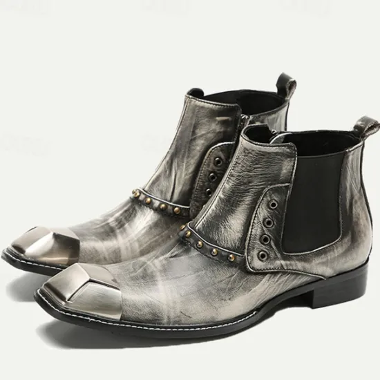 Best OUKU Men's Metallic Silver Leather Chelsea Motorcycle Boots – Pointed Toe Ankle Boots with Studded Detailing and Metal Toe Cap Gray