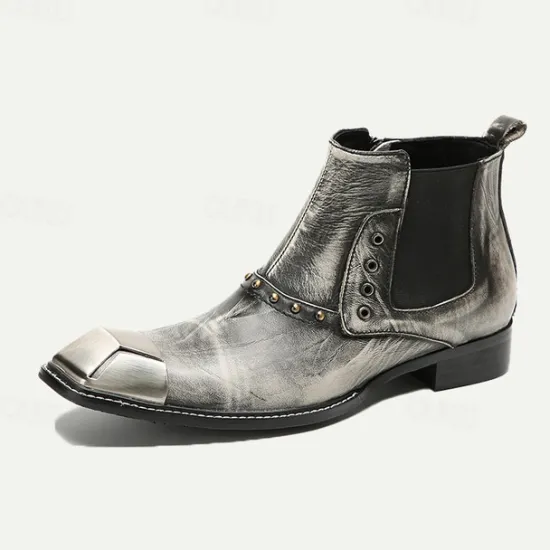 Best OUKU Men's Metallic Silver Leather Chelsea Motorcycle Boots – Pointed Toe Ankle Boots with Studded Detailing and Metal Toe Cap Gray