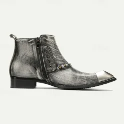 Best OUKU Men's Metallic Silver Leather Chelsea Motorcycle Boots – Pointed Toe Ankle Boots with Studded Detailing and Metal Toe Cap Gray