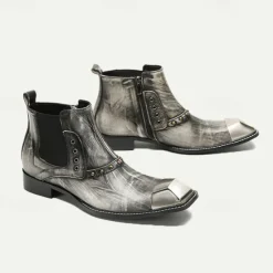 Best OUKU Men's Metallic Silver Leather Chelsea Motorcycle Boots – Pointed Toe Ankle Boots with Studded Detailing and Metal Toe Cap Gray