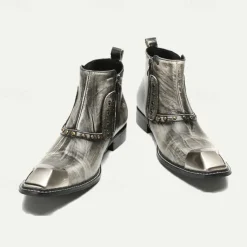 Best OUKU Men's Metallic Silver Leather Chelsea Motorcycle Boots – Pointed Toe Ankle Boots with Studded Detailing and Metal Toe Cap Gray