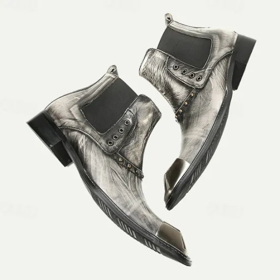 Best OUKU Men's Metallic Silver Leather Chelsea Motorcycle Boots – Pointed Toe Ankle Boots with Studded Detailing and Metal Toe Cap Gray