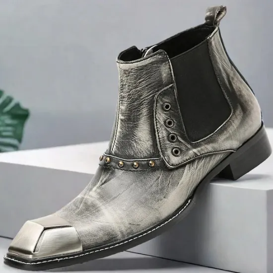 Best OUKU Men's Metallic Silver Leather Chelsea Motorcycle Boots – Pointed Toe Ankle Boots with Studded Detailing and Metal Toe Cap Gray