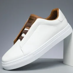 Online OUKU Men's Modern White Casual Sneakers with Brown Contrast Straps - Versatile Everyday Footwear
