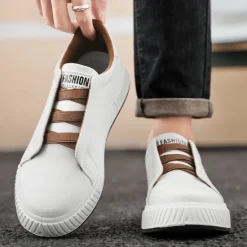 Online OUKU Men's Modern White Casual Sneakers with Brown Contrast Straps - Versatile Everyday Footwear