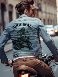 Hot OUKU Men's Motorcycle Skulls Coat Jean Jacket Denim Jacket Breathable Comfortable Casual Sports & Outdoor Going out Weekend Buttons Print Fall & Winter Turndown Long Sleeve Black Blue