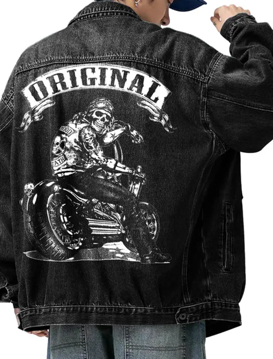 Hot OUKU Men's Motorcycle Skulls Coat Jean Jacket Denim Jacket Breathable Comfortable Casual Sports & Outdoor Going out Weekend Buttons Print Fall & Winter Turndown Long Sleeve Black Blue