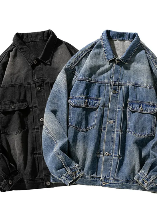 Hot OUKU Men's Motorcycle Skulls Coat Jean Jacket Denim Jacket Breathable Comfortable Casual Sports & Outdoor Going out Weekend Buttons Print Fall & Winter Turndown Long Sleeve Black Blue