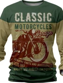 Best OUKU Men's Motorcycle T Shirt Henley Shirt Long Sleeve T shirt 3D Print Crew Neck Shirt Designer Retro Vintage Street Casual Summer Spring Fall Clothing Apparel S M L XL 2XL 3XL Khaki