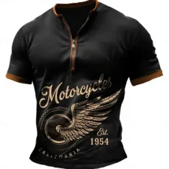 Best OUKU Men's Motorcycle T Shirt Short Sleeve T shirt 3D Print Half Zip Shirt Retro Vintage Street Casual Daily Summer Spring Clothing Apparel S M L XL XXL XXXL Black